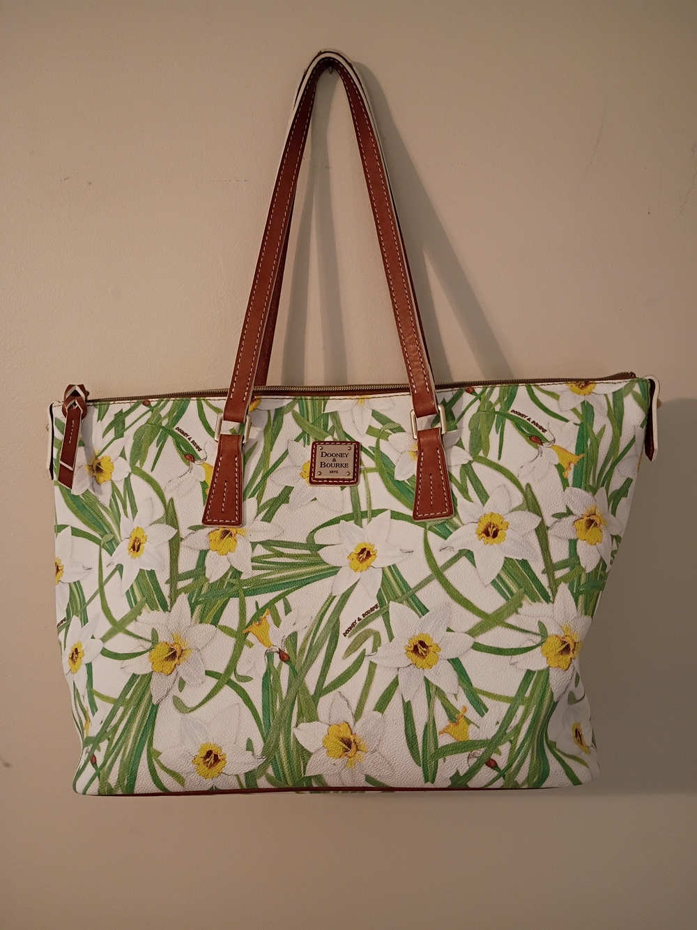 Dooney & Bourke White Floral Canvas Tote with Brown Leather Trim